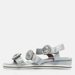 Pre Owned Marc by Marc Jacobs Grey Satin Crystal Embellished Ankle Strap Sandals Size 36.5