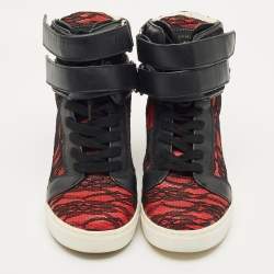 Pre Owned Marc by Marc Jacobs Black/Red Lace and Leather High Top Sneakers Size 36