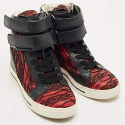 Pre Owned Marc by Marc Jacobs Black/Red Lace and Leather High Top Sneakers Size 36