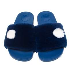 Pre Owned Marc By Marc Jacobs Blue Rabbit Fur Dot Flat Slides Size 38