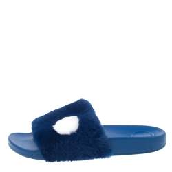 Pre Owned Marc By Marc Jacobs Blue Rabbit Fur Dot Flat Slides Size 38