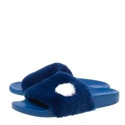 Pre Owned Marc By Marc Jacobs Blue Rabbit Fur Dot Flat Slides Size 38