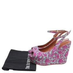 Pre Owned Marc by Marc Jacobs Pink/Green Floral Fabric Wedge Platform Ankle Strap Sandals Size 38