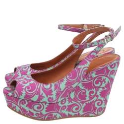 Pre Owned Marc by Marc Jacobs Pink/Green Floral Fabric Wedge Platform Ankle Strap Sandals Size 38