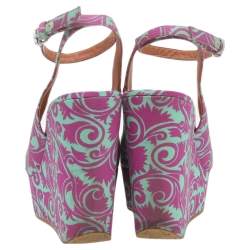 Pre Owned Marc by Marc Jacobs Pink/Green Floral Fabric Wedge Platform Ankle Strap Sandals Size 38
