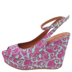 Pre Owned Marc by Marc Jacobs Pink/Green Floral Fabric Wedge Platform Ankle Strap Sandals Size 38