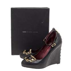 مملوكة مسبقًا Marc by Marc Jacobs Black Leather Embellished Wedge Ankle Strap Pumps Size 38.5