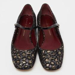 Pre Owned Marc by Marc Jacobs Black/Gold Leopard Jacquard Fabric Brooke Mary Jane Flats Size 36.5
