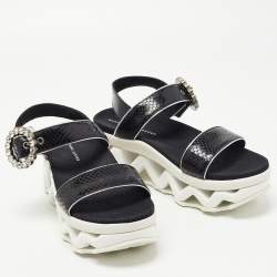 مملوكة مسبقًا Marc by Marc Jacobs Black Python Embossed Leather Ninj Crystal Embellished Ankle Strap Sandals Size 37