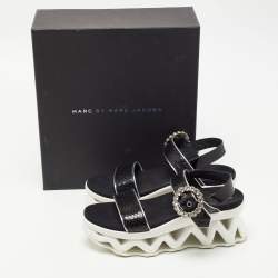 مملوكة مسبقًا Marc by Marc Jacobs Black Python Embossed Leather Ninj Crystal Embellished Ankle Strap Sandals Size 37