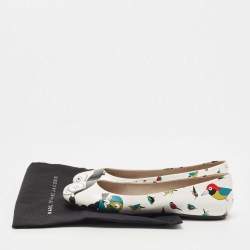Pre Owned Marc by Marc Jacobs White Multicolor Bird Printed Leather Round Toe Ballet Flats Size 36