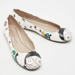 Pre Owned Marc by Marc Jacobs White Multicolor Bird Printed Leather Round Toe Ballet Flats Size 36