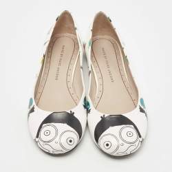 Pre Owned Marc by Marc Jacobs White Multicolor Bird Printed Leather Round Toe Ballet Flats Size 36