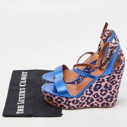 Marc by Marc Jacobs Blue/Pink Leather and Animal Print Fabric Wedge Ankle Strap Sandals Size 38