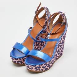 Marc by Marc Jacobs Blue/Pink Leather and Animal Print Fabric Wedge Ankle Strap Sandals Size 38