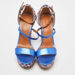 Marc by Marc Jacobs Blue/Pink Leather and Animal Print Fabric Wedge Ankle Strap Sandals Size 38