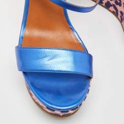 Marc by Marc Jacobs Blue/Pink Leather and Animal Print Fabric Wedge Ankle Strap Sandals Size 38