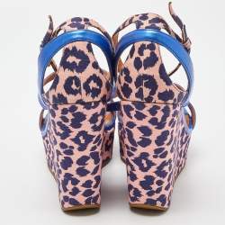 Marc by Marc Jacobs Blue/Pink Leather and Animal Print Fabric Wedge Ankle Strap Sandals Size 38