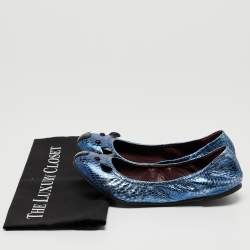 Pre Owned Marc by Marc Jacobs Metallic Blue Embossed Python Mouse Scrunch Ballet Flats Size 38