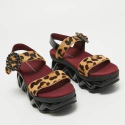 Pre Owned Marc by Marc Jacobs Beige/Brown Leopard Print Calf Hair and Patent Ninja Wave Platform Sandals Size 37