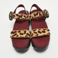 Pre Owned Marc by Marc Jacobs Beige/Brown Leopard Print Calf Hair and Patent Ninja Wave Platform Sandals Size 37