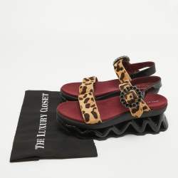 Pre Owned Marc by Marc Jacobs Beige/Brown Leopard Print Calf Hair and Patent Ninja Wave Platform Sandals Size 37