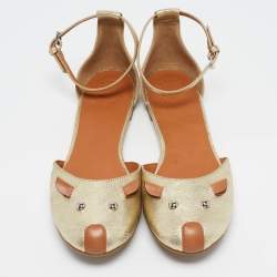 Pre Owned Marc by Marc Jacobs Gold Leather Mouse Ankle Strap Flats Size 39.5