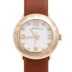 Pre Owned Marc by Marc Jacobs White Gold Plated Stainless Steel Leather Mini Amy MBM8575 Women's Wristwatch 26 mm