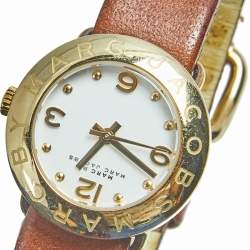 Marc by Marc Jacobs White Yellow Gold Plated Stainless Steel Leather Mini Amy MBM8575 Women's Wristwatch 26 mm