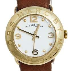 Marc by Marc Jacobs White Yellow Gold Plated Stainless Steel Leather Mini Amy MBM8575 Women's Wristwatch 26 mm