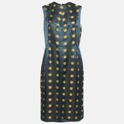 Marc Jacobs Navy Blue Polka Dot Jacquard Silk Blend Sleeveless Midi Dress L