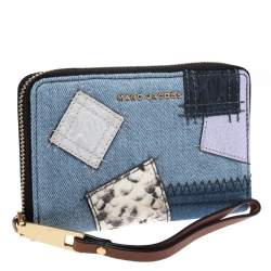 Pre Owned Marc Jacobs Blue Denim Patchwork Wristlet Zip Around Wallet