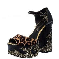 Marc Jacobs Multicolor Embossed Leather And Leopard Print Pony Hair Glitter Platform Ankle Strap Sandals Size 40.5