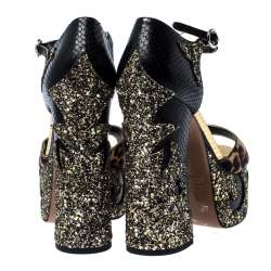 Marc Jacobs Multicolor Embossed Leather And Leopard Print Pony Hair Glitter Platform Ankle Strap Sandals Size 40.5
