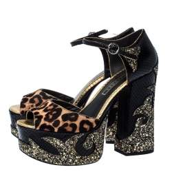 Marc Jacobs Multicolor Embossed Leather And Leopard Print Pony Hair Glitter Platform Ankle Strap Sandals Size 40.5