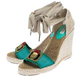 Marc Jacobs Multicolor Canvas And Mesh Wedge Espadrilles Ankle Wrap Sandals Size 39
