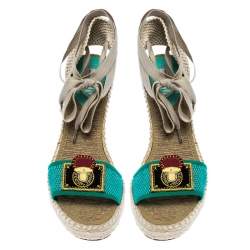 Marc Jacobs Multicolor Canvas And Mesh Wedge Espadrilles Ankle Wrap Sandals Size 39