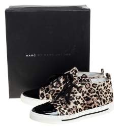 Pre Owned Marc Jacobs Beige/Black Leopard Print Pony Hair And Patent Leather High Top Sneakers Size 40