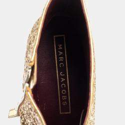 Pre Owned  Marc Jacobs Metallic Gold Glitter Camilla Block Heel Ankle Boots Size 40.5