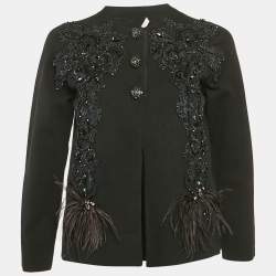 Marc Jacob Black Embellished Ostrich Feather Trim Cashmere Cardigan M