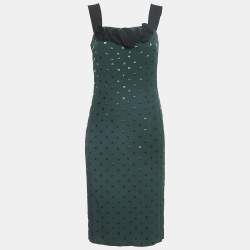Marc Jacobs Green/Black Dot Print Crepe Ruffled Sleeveless Dress S
