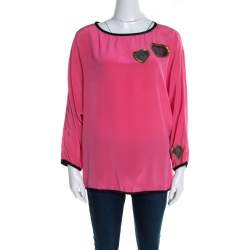 Pre Owned Marc Jacobs Pink Silk Contrast Heart Applique Dolman Sleeve Blouse L