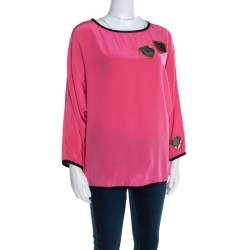 Pre Owned Marc Jacobs Pink Silk Contrast Heart Applique Dolman Sleeve Blouse L