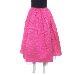 Pre Owned Marc Jacobs Hot Pink Crinkled Silk Tulle Layered Maxi Skirt M