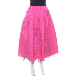 Pre Owned Marc Jacobs Hot Pink Crinkled Silk Tulle Layered Maxi Skirt M