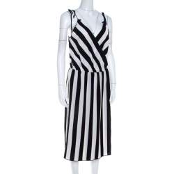 Marc Jacobs Monochrome Striped Crepe Faux Wrap Midi Dress M