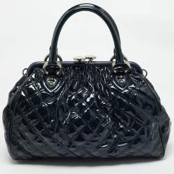 Pre Owned Marc Jacobs Navy Blue Quilted Patent Leather Stam Satchel