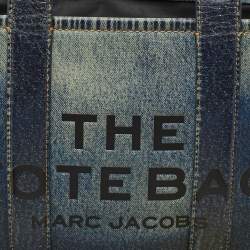 Pre Owned Marc Jacobs Navy Blue Denim Printed Leather Medium The Tote Bag