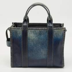Pre Owned Marc Jacobs Navy Blue Denim Printed Leather Medium The Tote Bag