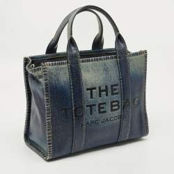 Pre Owned Marc Jacobs Navy Blue Denim Printed Leather Medium The Tote Bag